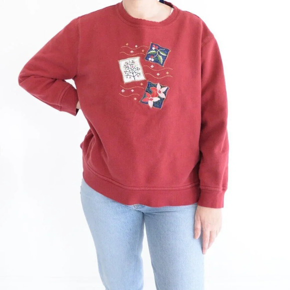 Vintage 90'S Basic Editions Maroon Floral Springtime Crewneck Sweater XL - Picture 1 of 10